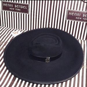 henri bendel Black Wide Brim Wool Felt Hat with Crest Pin
